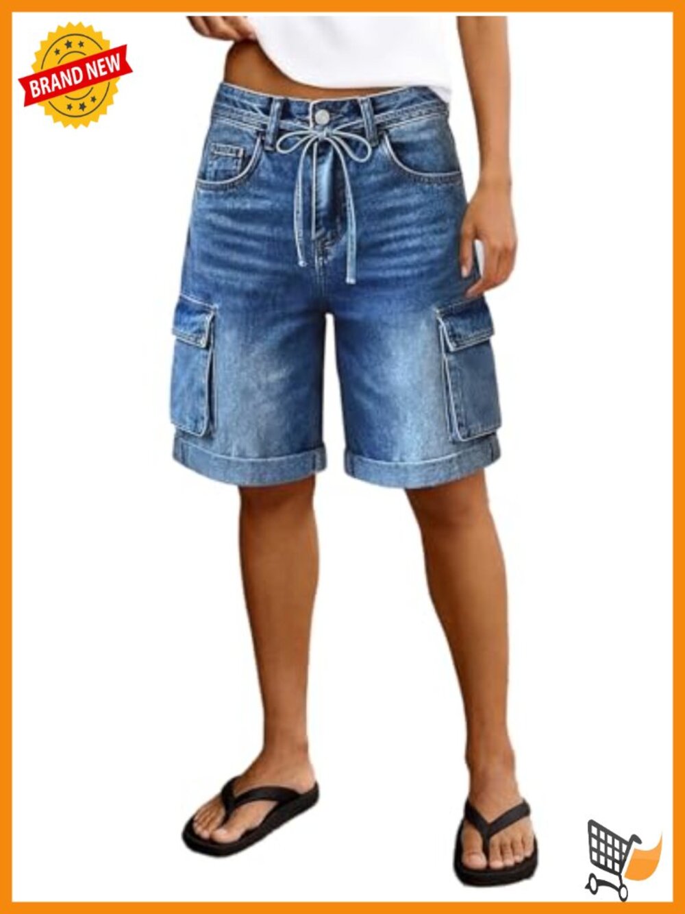High Rise Wide Leg Bermuda Shorts with Flap Pockets Roll Hem Washed Denim